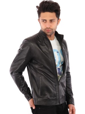 Hakiki Deri Siyah Afro Fermuarlı Erkek Deri Ceket