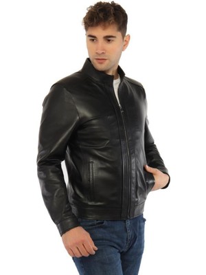 Hakiki Deri Siyah Alanzo Fermuarlı Erkek Deri Ceket