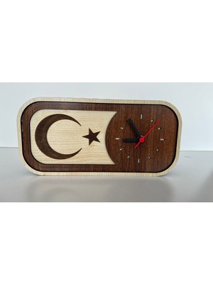 El Yapımı Ahşap Masa Saati, Ay Yıldız Motifli, Dekoratif ve Renkli Tasarım
