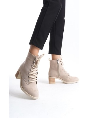 Lena Bağcıklı Fermuarlı Ortopedik Taban Topuklu Süet Kadın Bot  Stt - Ten