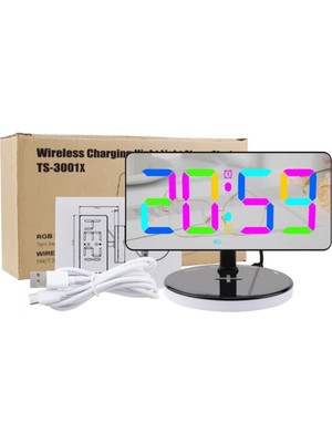 Renkli LED Dijital Saat, Kablosuz Şarj, Rgb Ayna ile Modern ve Şık Tasarım