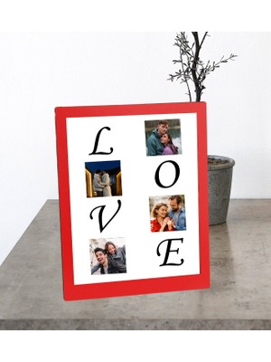 Kişiye Özel Masaüstü Kırmızı Love Tasarımlı 4 Fotoğraflı Ahşap Mdf Resimli Kolaj Çerçeve