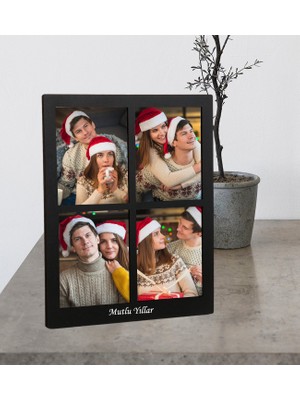 Kişiye Özel Yeniyıl Hediyesi 4 Fotoğraflı Ahşap Siyah Mdf Resimli Kolaj Masaüstü Fotoğraflı Çerçeve