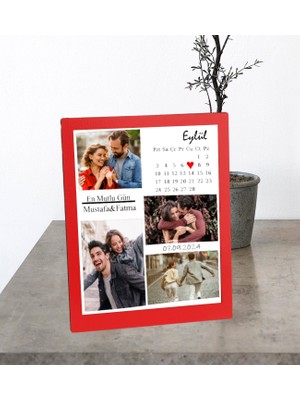 Kişiye Özel Masaüstü Takvim Tarih Isim Tasarımlı 4 Fotoğraflı Ahşap Kırmızı Mdf Resimli Kolaj Çerçeve