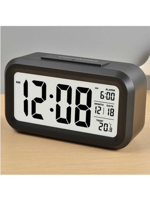 Işıklı Sensörlü Dijital Masa Saati, Termometre ve Alarm Özellikli Siyah Tasarım