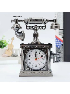 Gri Nostaljik Telefon Masa Saati Heykeli Dekoratif Çalar Saat