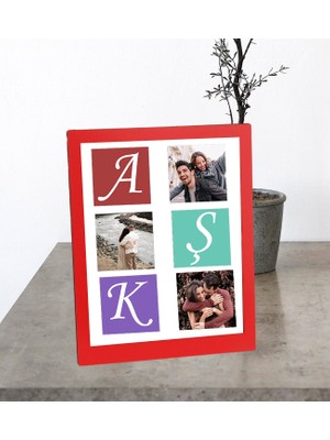 Kişiye Özel Masaüstü Kırmızı Aşk Tasarımlı 3 Fotoğraflı Masaüstü Ahşap Kolaj Çerçeve