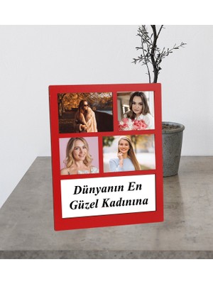 Kişiye Özel 4 Fotoğraflı Dünyanın En Güzel Kadınınıa Kırmızı Kolaj Çerçeve
