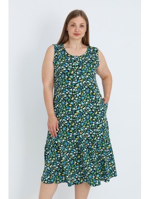 Intensive Collection Kadın Büyük Beden Çiçek Desenli Pamuklu Düğmeli Cepli Askılı Elbise