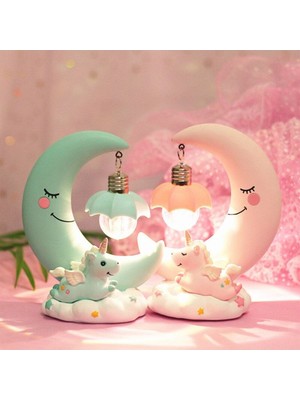 Pembe Ay Dede ve Minik Unicorn Temalı Şık Masa Lambası ve Biblo Seti