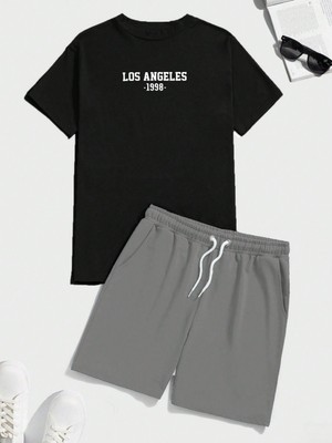 Erkek Siyah-Gri Alt-Üst Baskılı Şort Takım