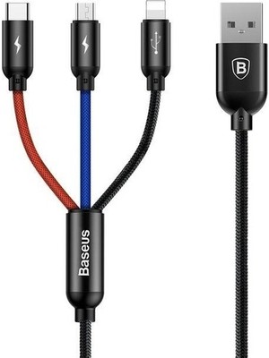 Baseus Three Primary Colors – 3’ü 1 Arada Şarj Kablosu 3.5A 0.3 m (USB-C / Lightning / Micro USB) - Siyah