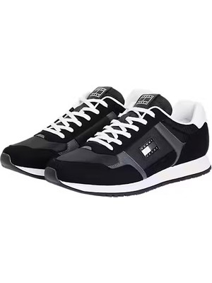 Erkek Kumaş Kombinli Koşu Stili Sneaker - Siyah