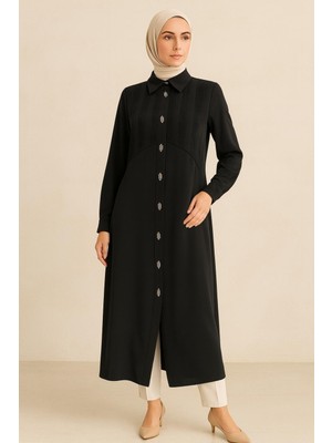 25153 Gömlek Yaka Önden Çıtçıt Kapamalı Omuzdan Yarıya Kadar Büzgü Kumaş Detaylı Uzun Tunik #06-25#