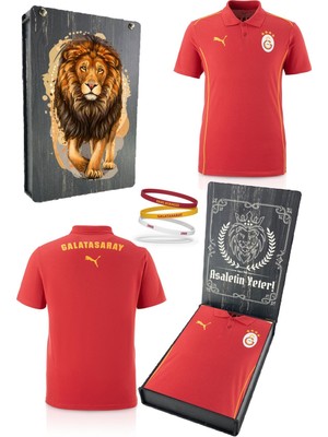 Galatasaray Orijinal Lisanslı Polo Yaka Kırmızı Antrenman T-Shirt + Bileklik Set Hediyelik Ahşap Kutulu