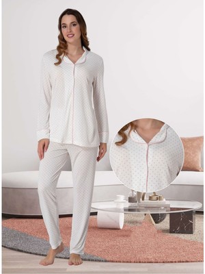 Dvina Effortt Lohusa Puantiyeli Pijama Takımı Ekru - Pembe - 6018