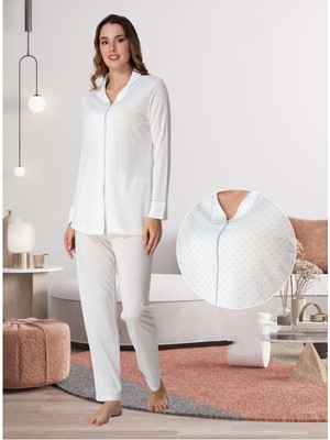 Dvina Effortt Lohusa Puantiyeli Pijama Takımı Ekru - Mavi - 6018