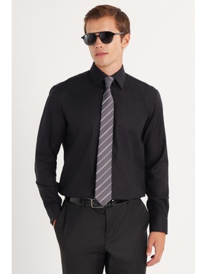 Erkek Regular Fit Beyaz Non-Iron %100 Pamuk Doğa Dostu Ekoteks Belgeli Ütü Gerektirmez Siyah Gömlek