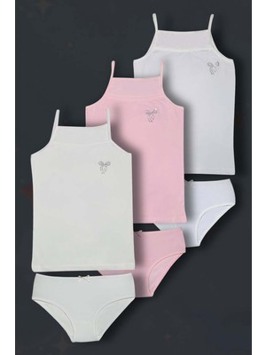 3'lü Kız Çocuk Taşlı Pamuklu Ip Askılı Atlet Külot Çamaşır Takımı