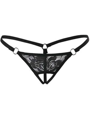Siyah Dantelli Özel Bölgesi Açık G-String TM1167