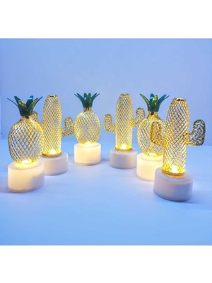 6'lı Mini Metal Kaktüs ve Ananas Gece Lambası Seti, Sarı Renkli Dekoratif Aydınlatma