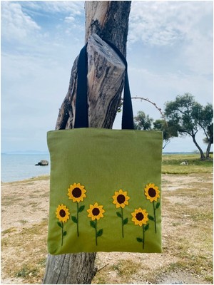 Yeşil Ayçiçekleri Bez Çanta, Şık ve Hafif Günlük Kullanım Için.