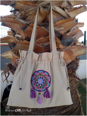 Büzgülü ve Püsküllü, Yıldız ve Mandala Detaylı Renkli Tote Çanta