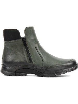 Kadın Haki Çift Fermuarlı Deri Bot