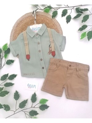 Yeşil Keten Gömlek Pantolon Askılı Şort Takım 12-18 Ay