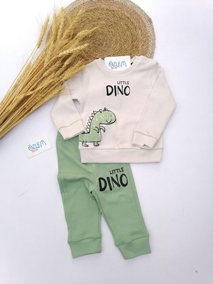 Damla Little Dino Figürlü 2'li Eşofman Takım Yeşil - 12-18 Ay