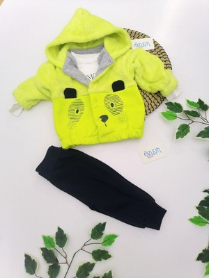 Özlem Bebe Neon Sarı Welsoft Kol Kapüşon Ceketli 3'lü Takım Sarı - 6-9 Ay