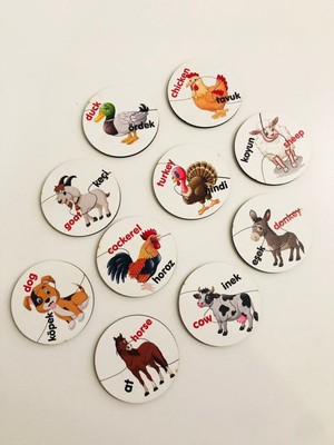 Ahşap 2'li Eşleştirme Oyunu Türkçe Ingilizce Hayvanlar Çocuk Eğitici