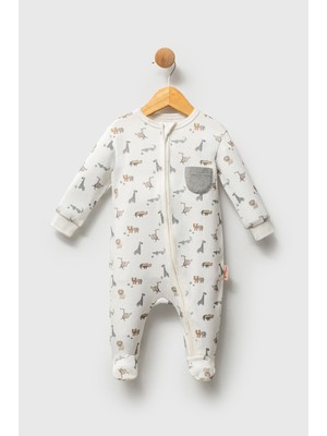 Tiffany Baby Erkek Bebek African Animals Theme Fermuarlı Tulum Ekru 32040