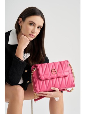 Desenli Zincir Askılı Şık El ve Omuz Çantası, Pembe Renk, Zarif ve Kullanışlı Tasarım