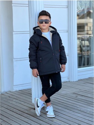 Pina Kids CoolFlex Erkek Çocuk Kapüşonlu Siyah Içi Kürklü Mont KM3050 Uzun Kol Klasik Model
