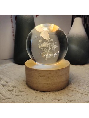 Renkli Dekoratif Gül I Love You Tasarımlı Işıklı Cam Küre ve Ahşap Altlık
