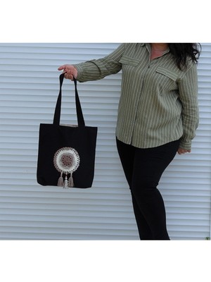 Krem Ebruli Mandala Örgülü Bez Omuz Çantası, Şık ve Kullanışlı Tasarım.