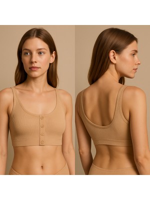 Kadın Fitilli Pedli Yarım Atlet Büstiyer Sütyen - Pamuk Koton Kumaş - 90-95 Beden Uyumlu-Ten Rengi