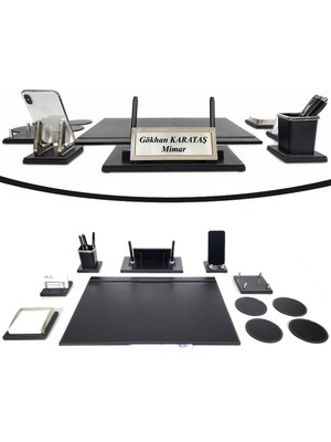 Prozenis Aksu Krom Detaylı Isimlikli Sümen Takımı Lüks Ofis Seti Yeni Iş Ofis Hediyesi Masa Isimliği Siyah