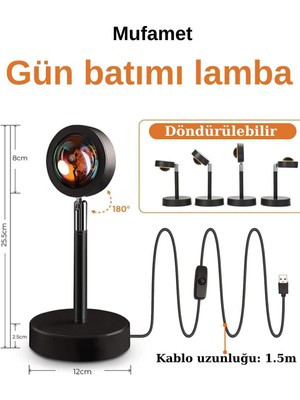 Kırmızı Gün Batımı Projeksiyon Masa Lambası, Romantik Aydınlatma, USB LED Işık