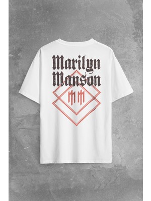 Beyaz Oversize T-Shirt Marilyn Manson Logo Rock Metal Müzik Baskılı Tişört