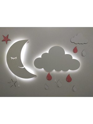 Işıklı Ay Bulut Ahşap Gece Lambası Ledli Dekoratif Aydınlatma Çocuk Odası
