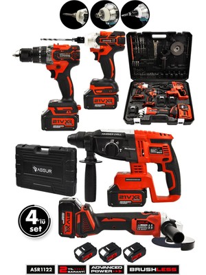 Assur Profesyonel 21V 4'lü Set Taşlama & Kırıcı Delici Hilti & Somun Sıkma Sökme & Matkap
