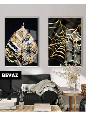 Harikabirev| (Yaprak-Ağ) Siyah&gold Set Etnik Kombin |çerçeveli Cam Tablo 2li Dikey