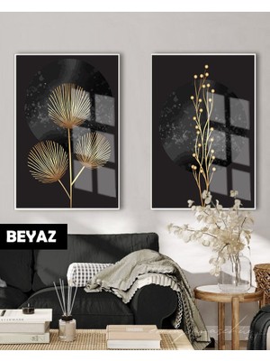 Harikabirev|siyah&gold Set Bitkiler Kombini |çerçeveli Cam Tablo 2li Dikey