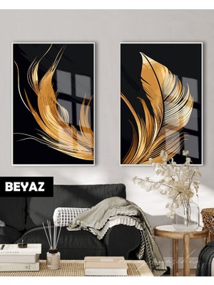 Harikabirev|(Feather) Siyah&gold Set Tüy Kombini|çerçeveli Cam Tablo 2li Dikey