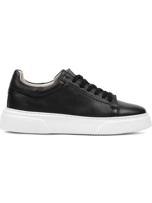 Erkek Siyah Bağcıklı Kalın Tabanlı Deri Sneaker