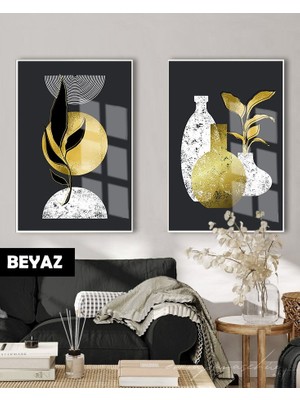 Harikabirev|bohem Siyah&gold Set Yapraklı Kombini |çerçeveli Cam Tablo 2li Dikey