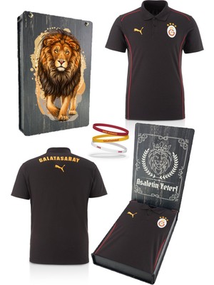 Galatasaray Orijinal Lisanslı Polo Yaka Siyah Antrenman T-Shirt + Bileklik Set Hediyelik Ahşap Kutulu