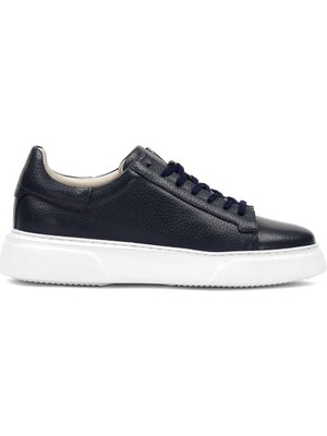 Erkek Lacivert Bağcıklı Kalın Tabanlı Deri Sneaker
